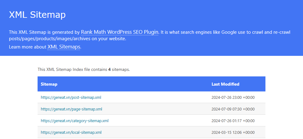 Hệ thống XML Sitemap được Rank Math SEO sinh ra