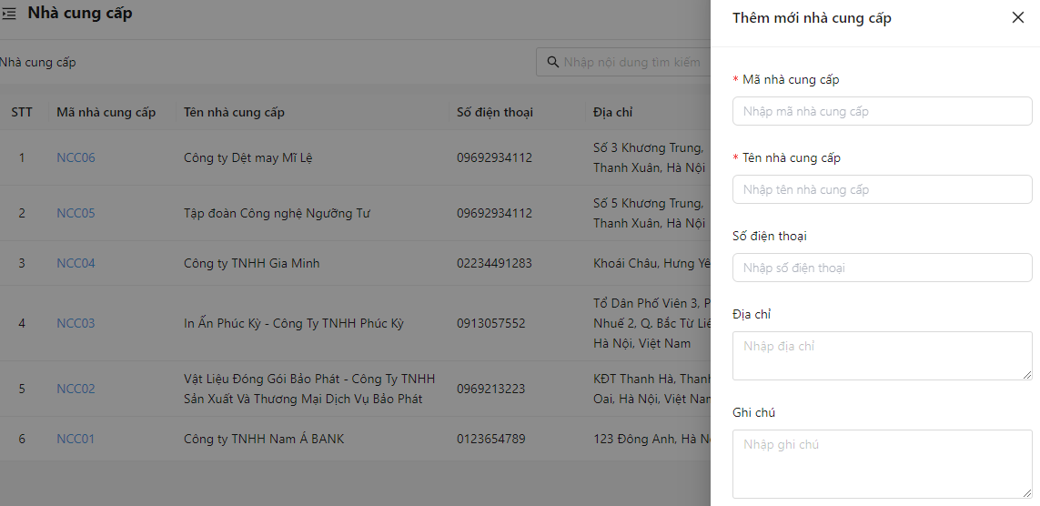 Giao diện tạo mới nhà cung cấp